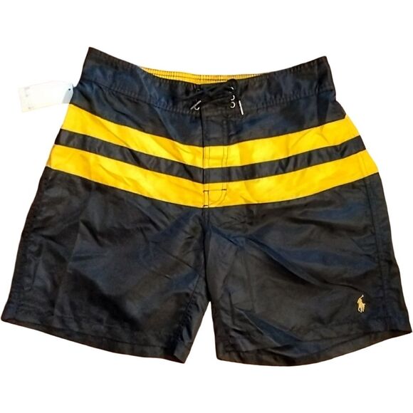 VTG Polo Ralph Lauren Swim Shorts, Size M, Stretch Waist, Black/Yellow, NWT Y2K - Picture 1 of 8